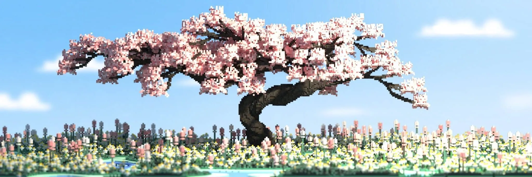 Pink NFT tree in the middle of a voxel garden